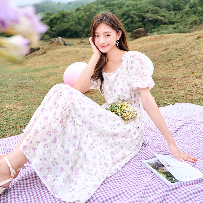 【直播专享】Q832034连衣裙 香影碎花雪纺连衣裙女夏装新款法式花