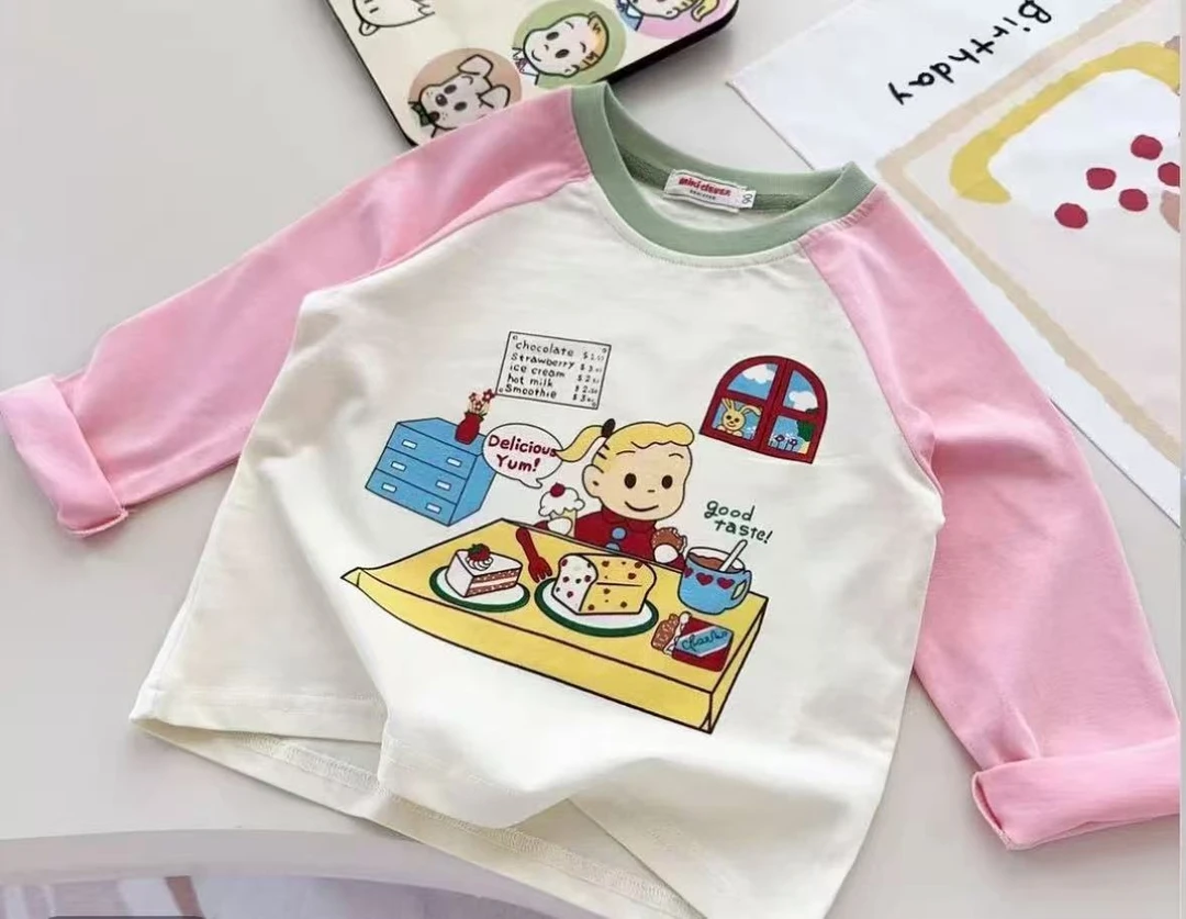 (微瑕)长袖春秋女孩窗户拼色粉袖子