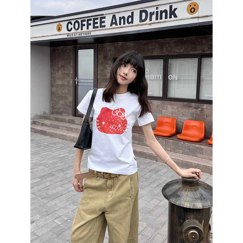 韩系草莓kitty印花白色正肩短袖t恤女夏季修身显瘦甜辣妹短款上衣