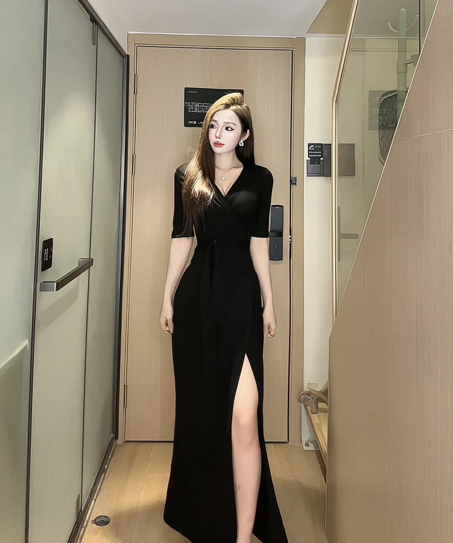 No.5高级感V领绑带收腰连衣裙女设计感短袖秋季性感开衩裙子7036#