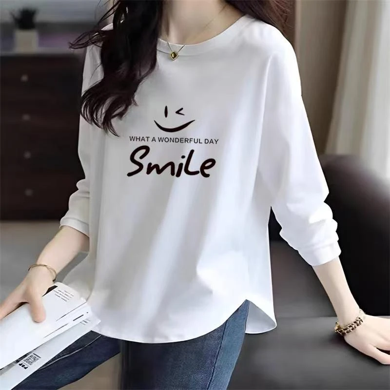 白色长袖t恤女2025春秋新款宽松纯棉内搭打底衫大码显瘦遮肚上衣