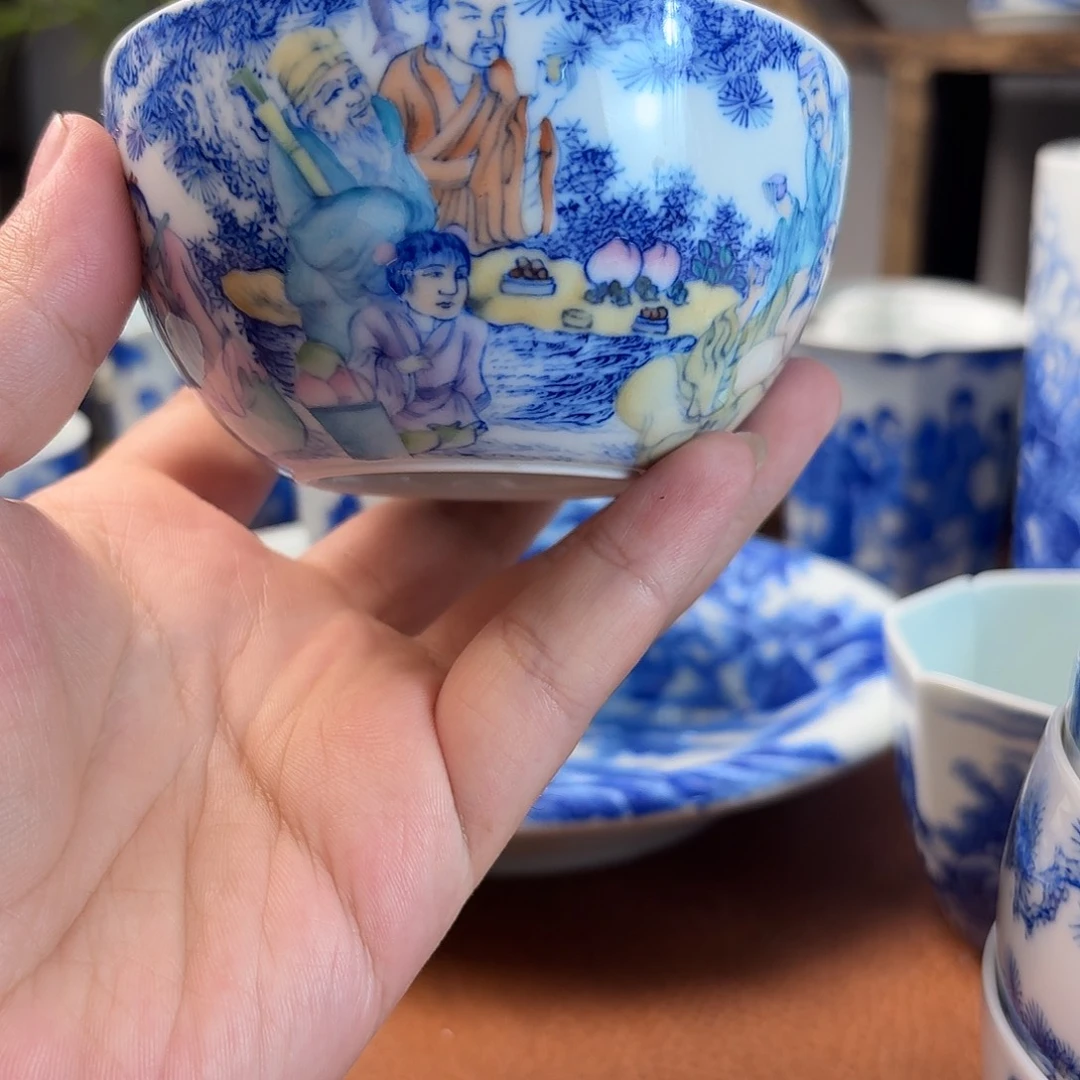世***美手工艺品琉璃青花人物五虎将杯子