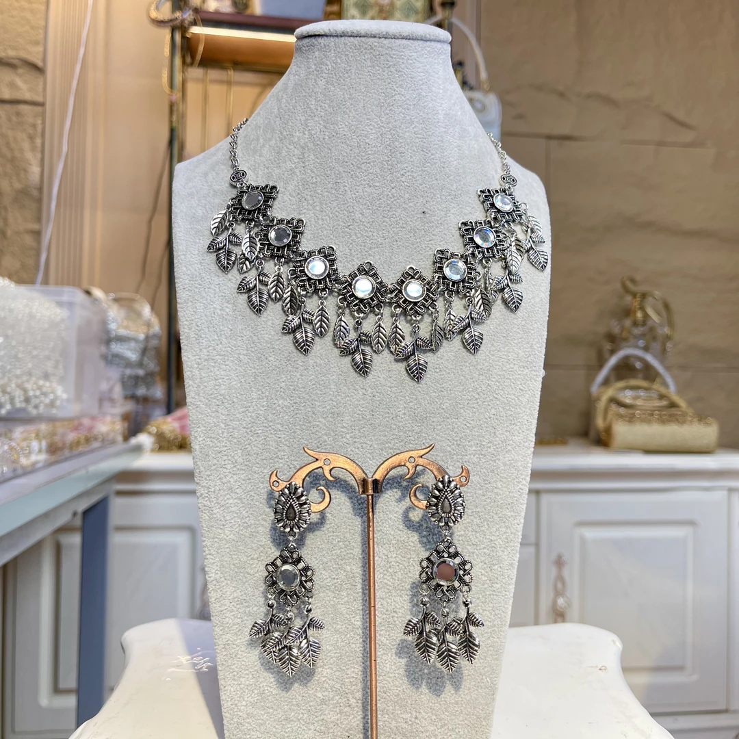 铜合金玻璃项链 04458印度印巴银色项链耳环套装手工气质23011