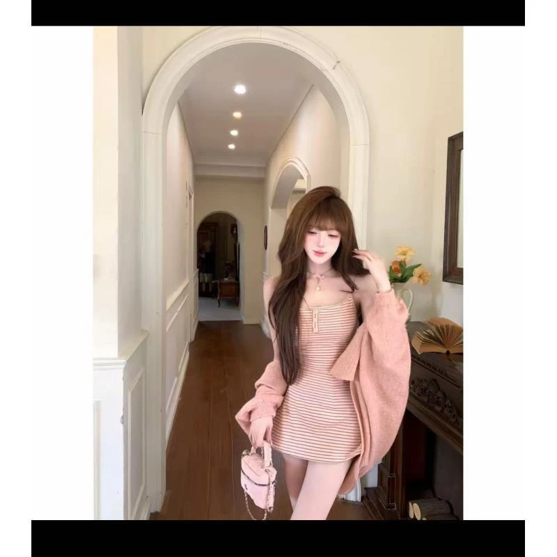 慵懒韩女 秋季纯欲慵懒风吊带连衣裙针织开衫