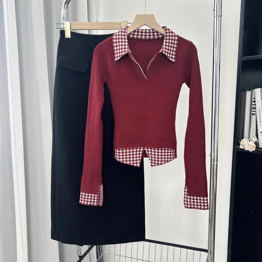 拉夏贝尔25春季新款长袖休闲百搭上衣拼接+半裙 11120 BCK