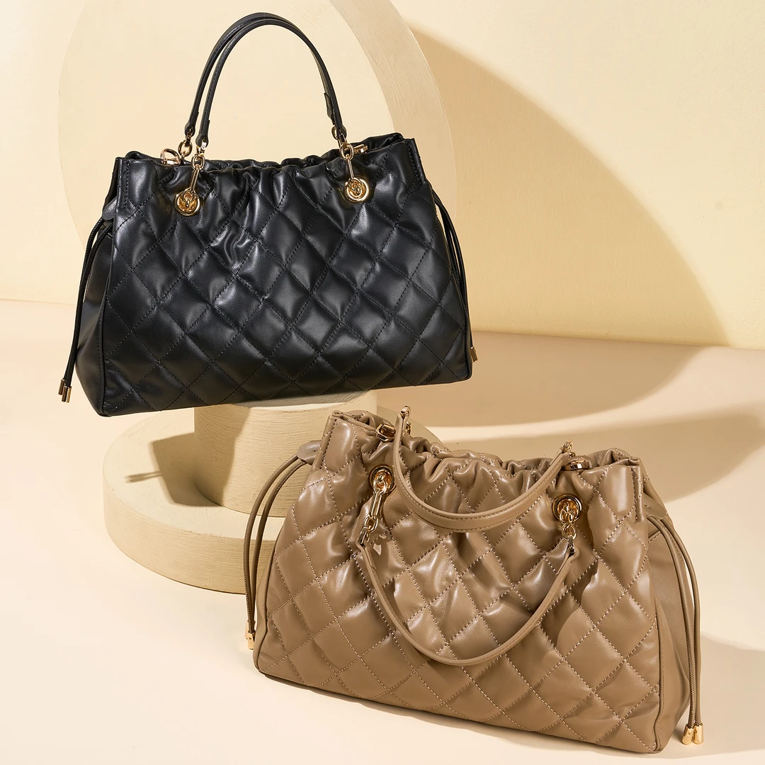 歌诗嫚头层水桶包2025新款时尚菱格真皮潮大容量小香风斜挎托特包