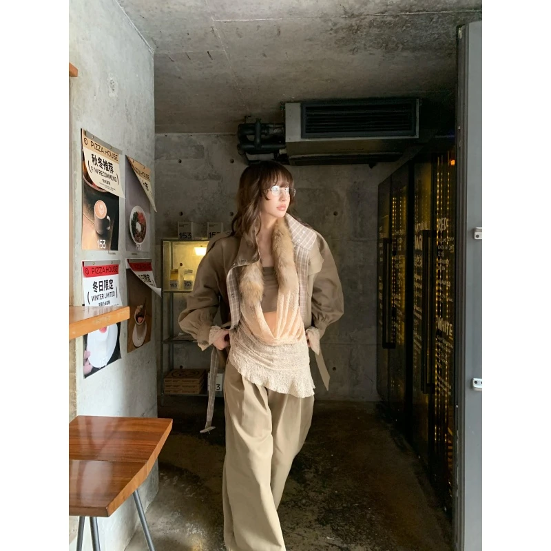 复古高级百搭夹克外套秋冬气质蕾丝荡领上衣纯欲抹胸高腰阔腿长裤