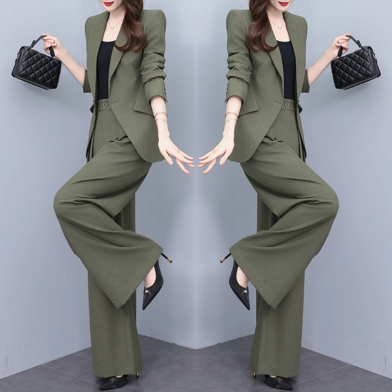 绿色西装三件套女2025秋季新款阔腿裤女神范西服外套气质时尚套装