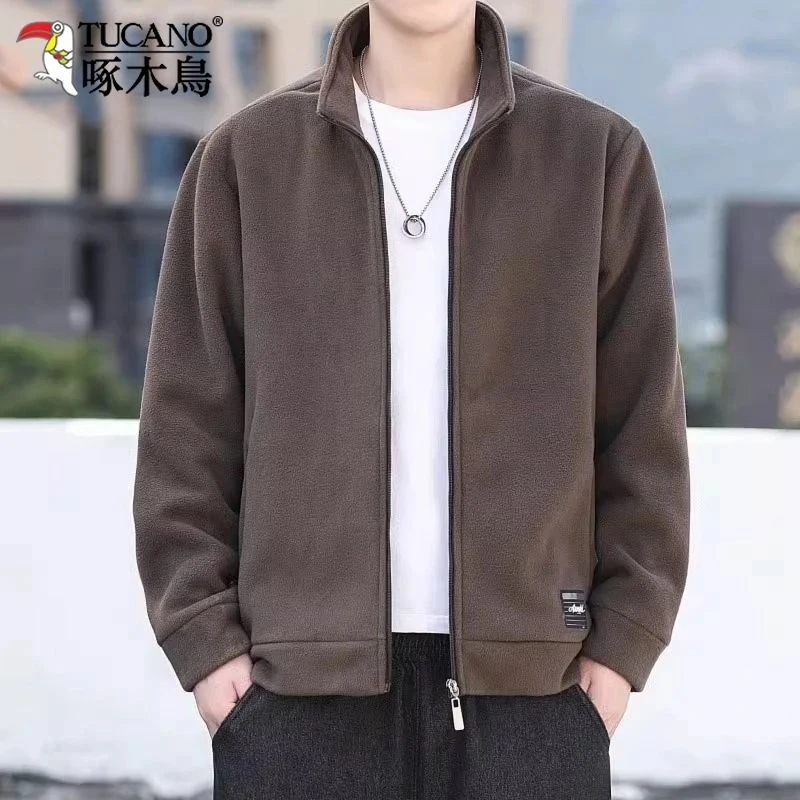 啄木鸟正品男士秋冬季新款休闲宽松开衫卫衣立领夹克加绒保暖外套