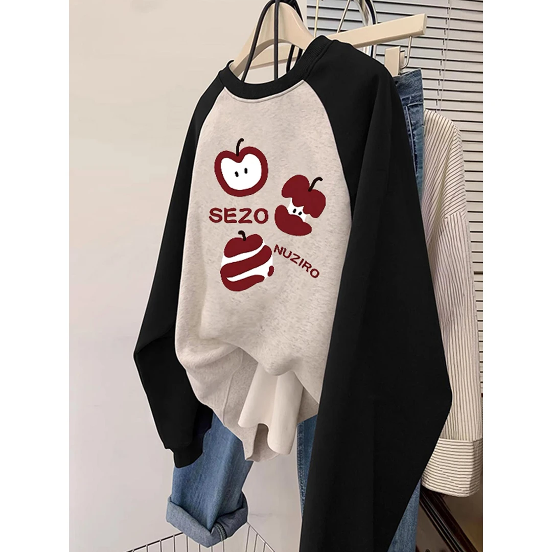 拼色插肩圆领卫衣女印花2025新款爆款秋冬薄款加绒宽松慵懒风上衣