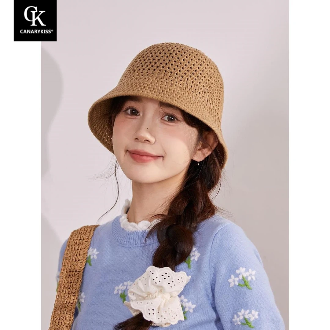 Canary Kiss镂空编织水桶帽女秋季气质盆帽韩系薄款显脸小渔夫帽