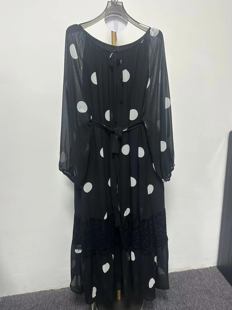 353波点极简风中腰松紧腰套头长袖连衣裙裙子女装