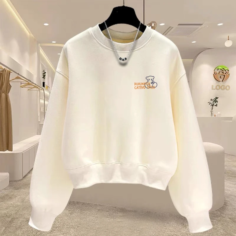 圆领套头短款卫衣女加绒加厚秋冬长袖上衣高腰显瘦小个子春秋薄款