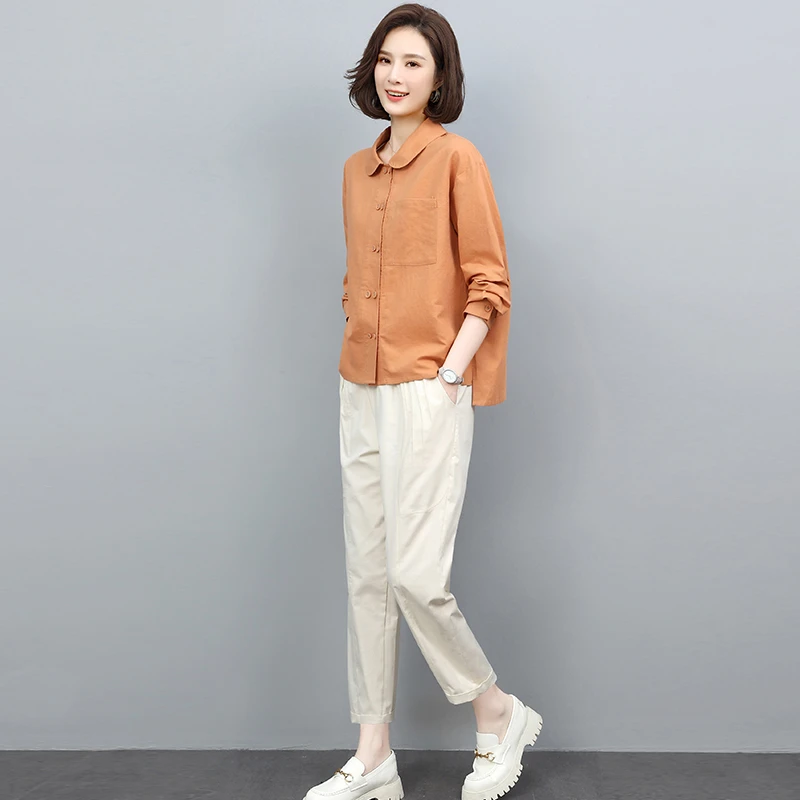 2025年春秋季新款套装女休闲气质百搭韩版棉麻上衣长裤两件套装潮