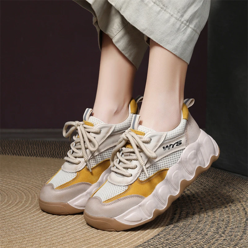 82670春夏新款头层牛皮网面轻便厚底休闲运动单鞋女鞋