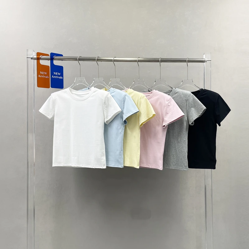 欧洲站春季新款修身显瘦垫肩百搭圆领短袖T恤女基础款上衣68611-1