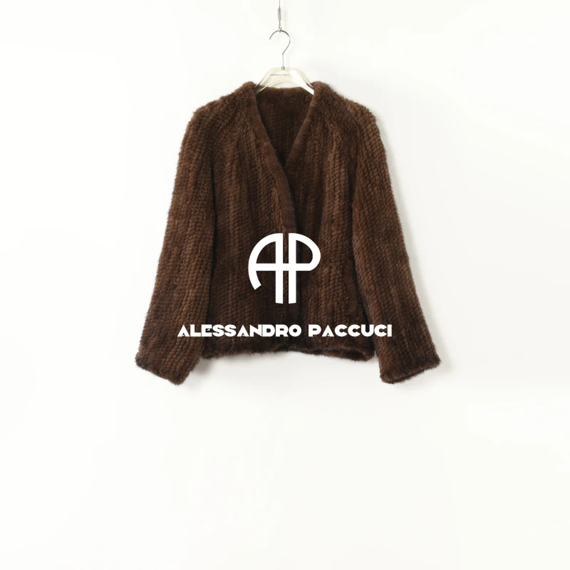 AP洛哥54059CS/-1【编织暖冬】黑标进口水貂毛V领手工编织皮草女装