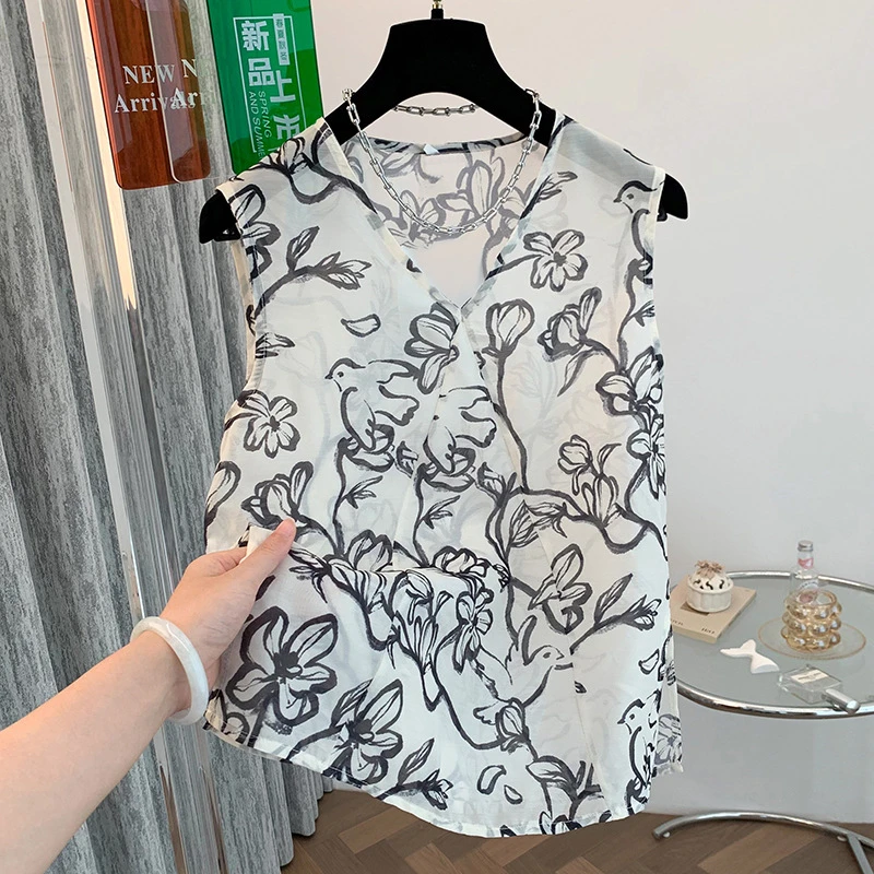 女款夏季文艺复古v领水墨画无袖衬衫小衫上衣舒适轻薄百搭背心