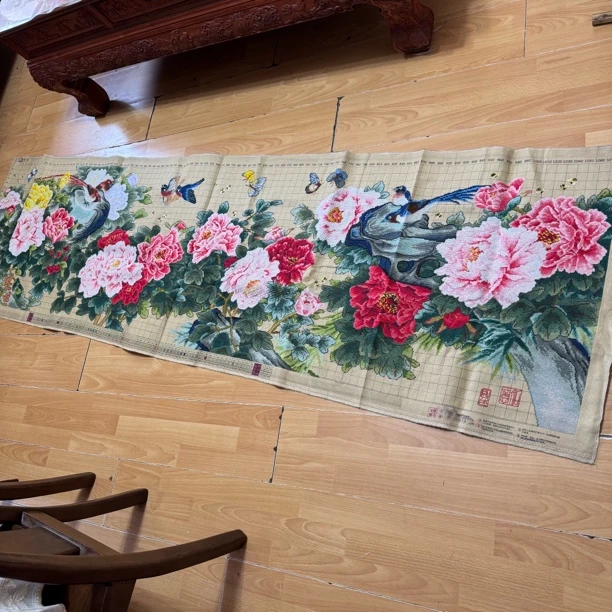 纯手工十字绣成品人工绣好的图260乘73富贵长寿图花开富贵