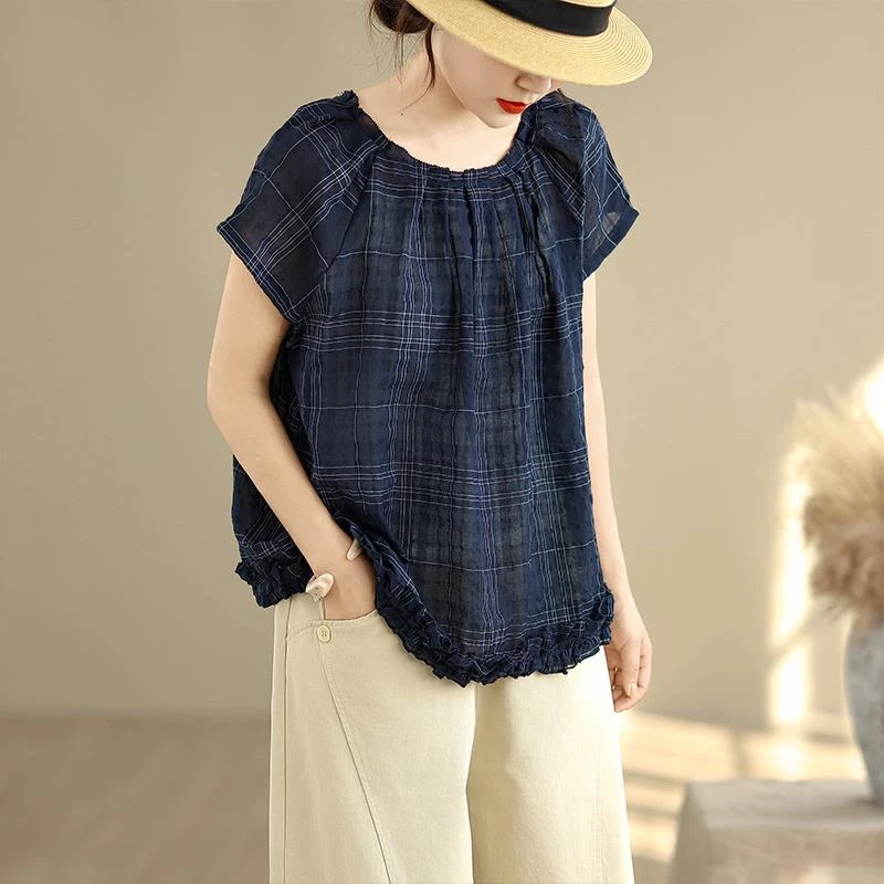 韩系肌理感荷叶花边格纹短袖衬衣女2025夏季新款气质宽松显瘦小衫
