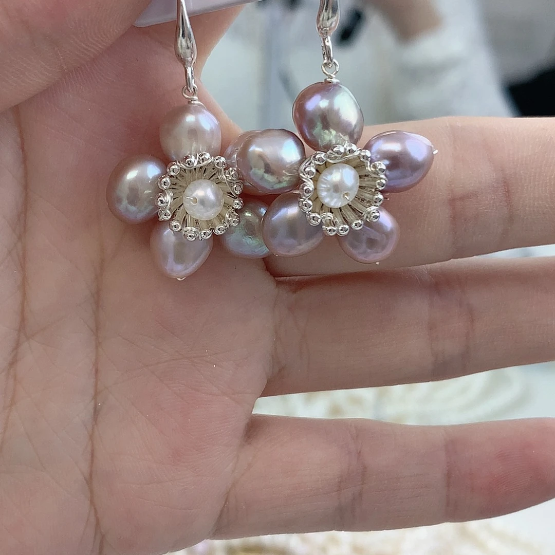 银S925镶嵌耳饰淡水珍珠紫花耳钩