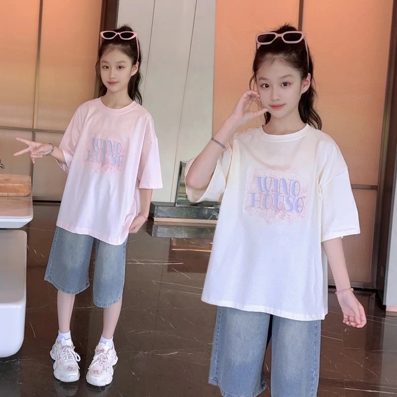 女童夏季纯棉短袖2025新款洋气女大童韩版休闲T恤儿童字母图案T恤
