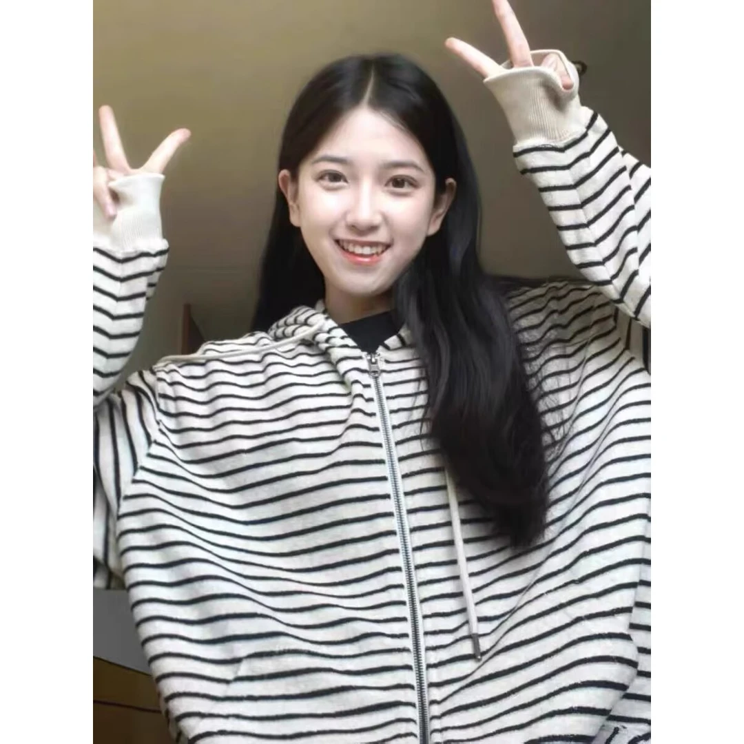 潮利韩系慵懒风撞色条纹连帽卫衣开衫女秋季高级感oversize外套