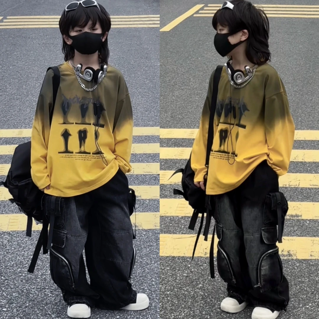 乐乐家儿童新款秋款复古印花百搭街头潮酷嘻哈长袖宽松百搭上衣