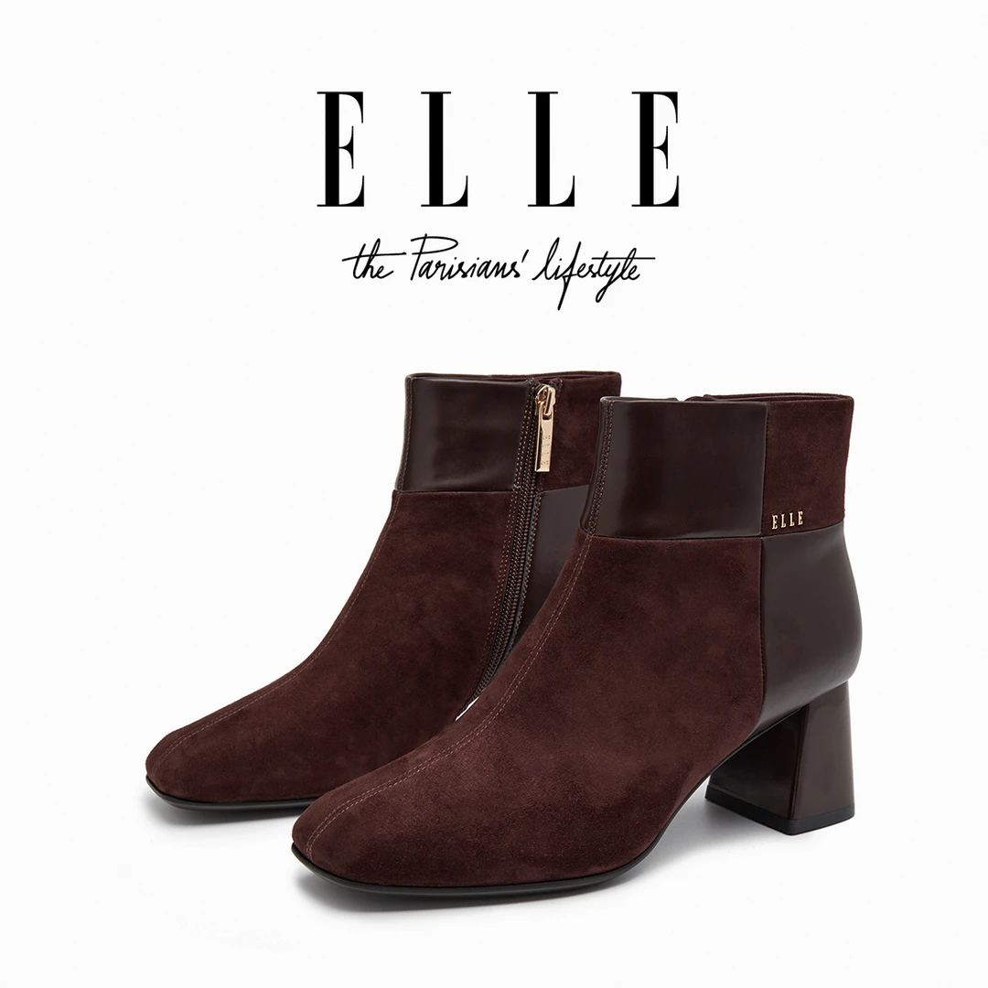 ELLE时尚款百搭小方头短靴小个子增高真皮舒适粗跟软底不累脚女靴