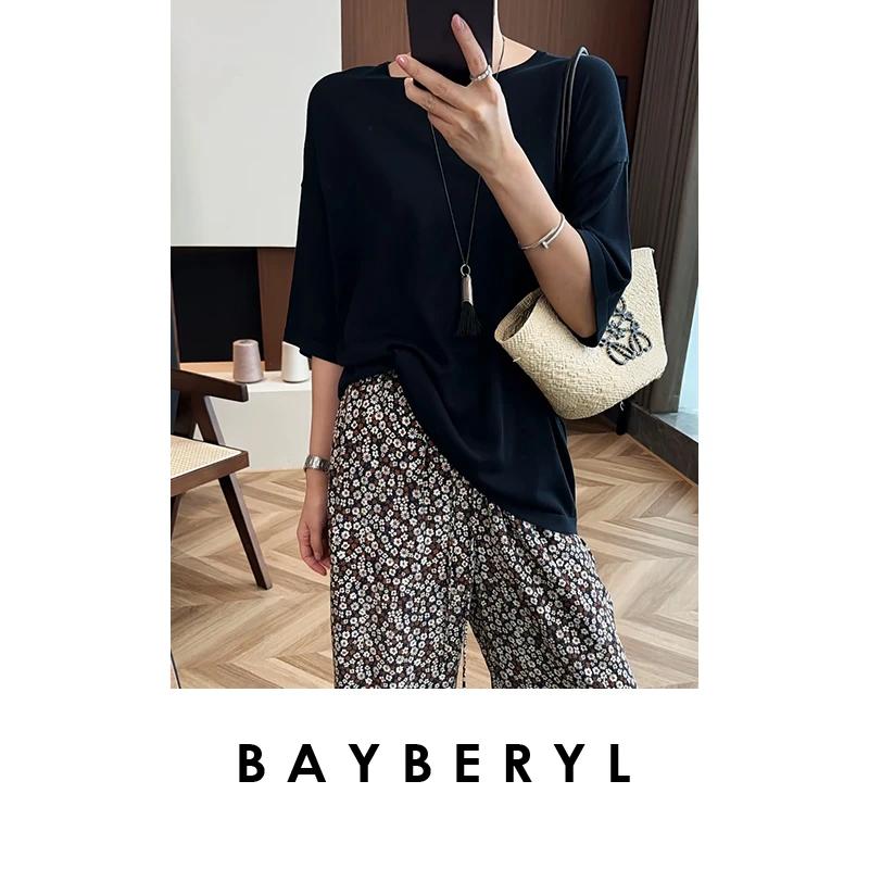 BAYBERYL老贝懒人廓形T*后中缝宽松圆领百搭短袖T恤NT5E1904