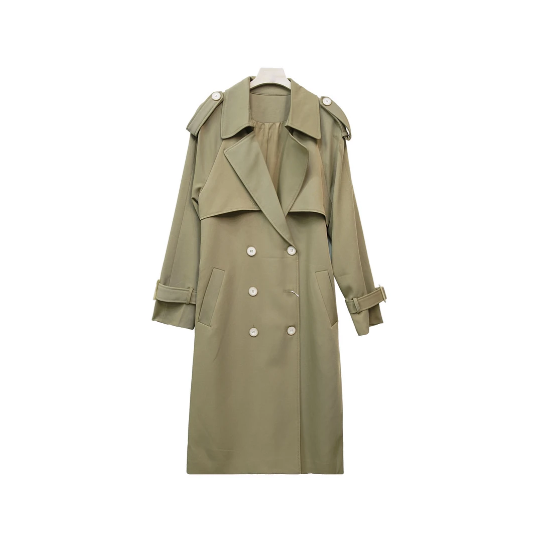 22195X韩版英伦宽松卡其色西装领双排扣收腰百搭气质中长款风衣