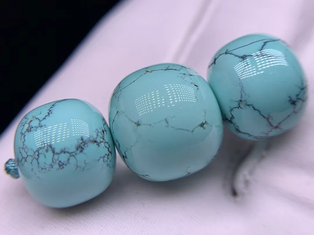 纯天然原矿高瓷网花绿松石老型珠套装，顶珠14×12.5，腰珠12.5×10