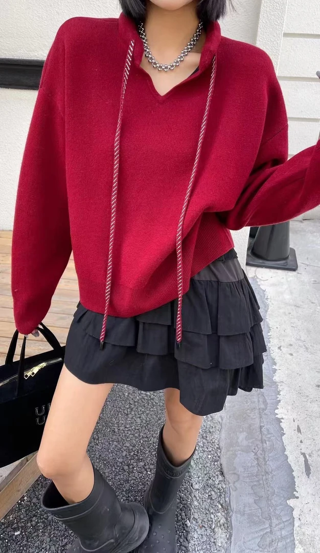 3313三炫轻奢女装新款纯色V领抽绳气质百搭上衣