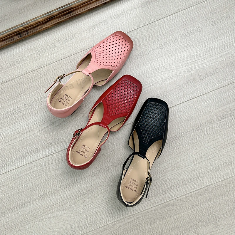 4cm/IU1931牛皮中空单鞋女春夏方头复古法式镂空透气凉鞋粗跟中跟