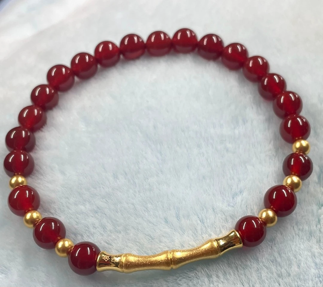 B(008）足金竹节+3.5mm金珠6颗（赠卡六红玛 瑙/玉 髓手串）