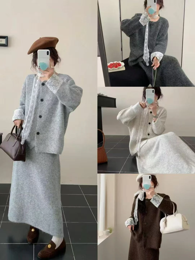 Y1637#秋冬巨好看针织套装高级毛衣开衫上衣气质百搭半身裙两件套