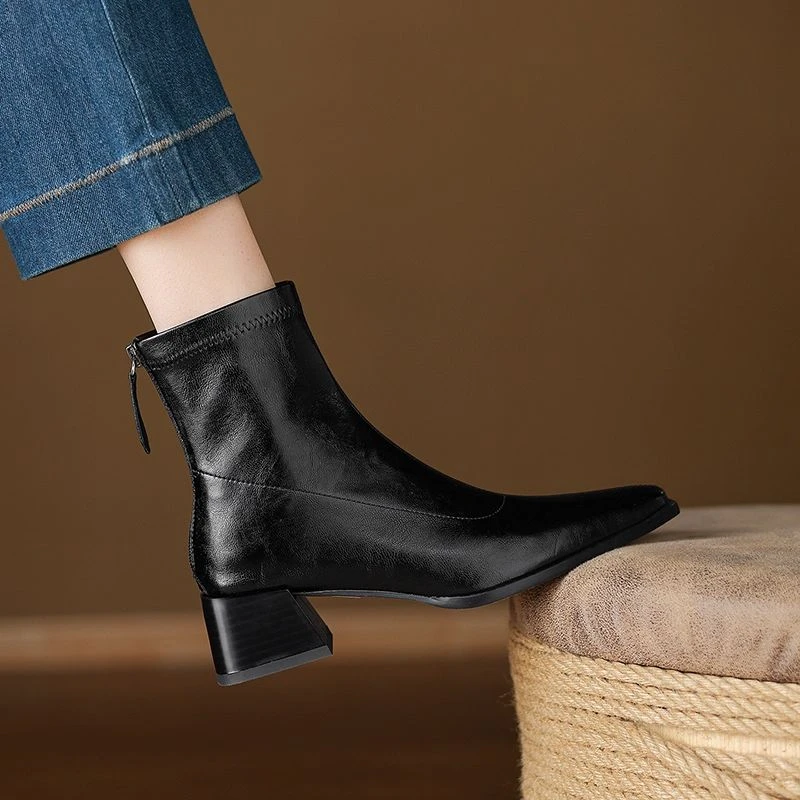 法式复古方头粗跟弹力瘦瘦靴女2025秋冬新款简约通勤后拉链短靴子