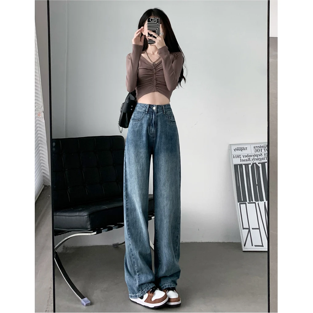 楠楠专属复古蓝阔腿牛仔裤女2025新款小个子宽松垂感拖地直筒长裤