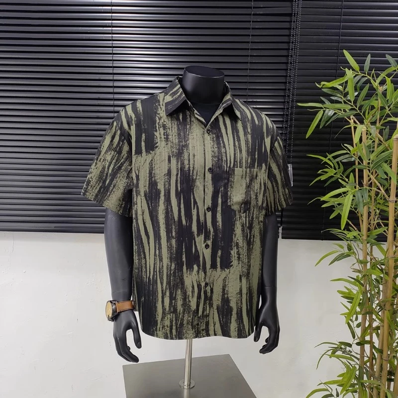 国潮小众复古泼墨设计感短袖衬衫男夏季新款宽松痞帅高级薄款衬衣