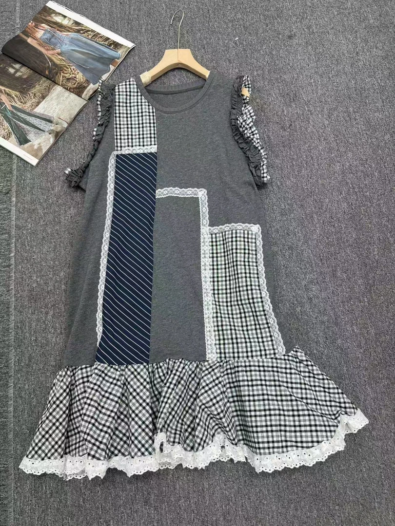 欧货女装2025年夏季新款时尚洋气拼接格子荷叶边显瘦连衣裙
