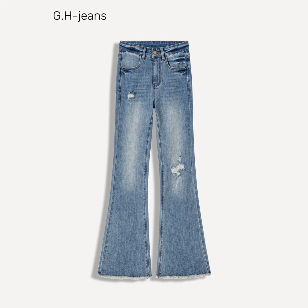 【G.H】夏季薄款怀旧蓝大牌破洞毛边设计弹力显瘦中高腰微喇牛仔裤