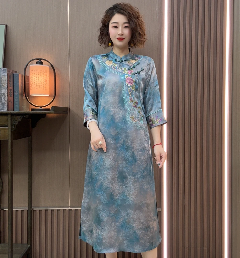【蓝颜】新中式清爽蓝色气质中国风改良旗袍刺绣复古连衣裙