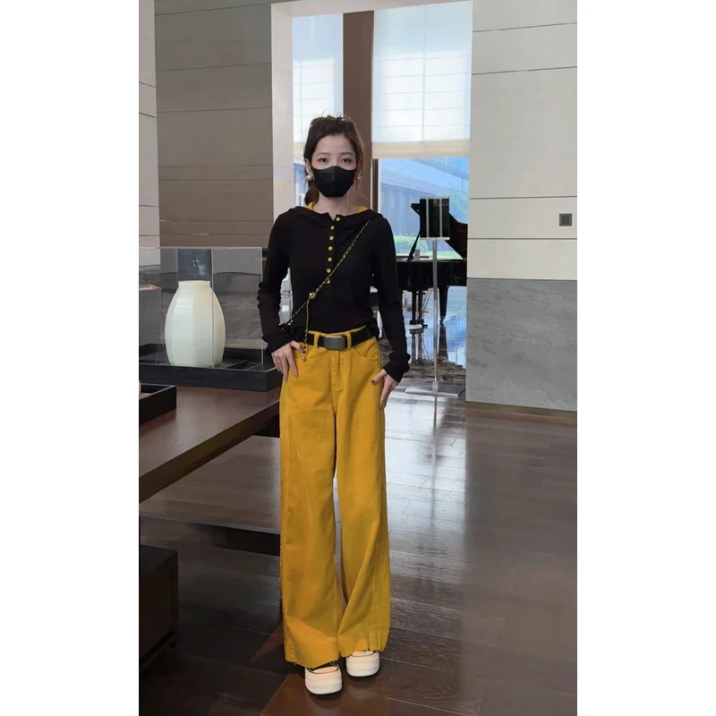 2025简约时尚设计感洋气单排扣连帽卫衣+灯芯绒休闲裤配腰带套装