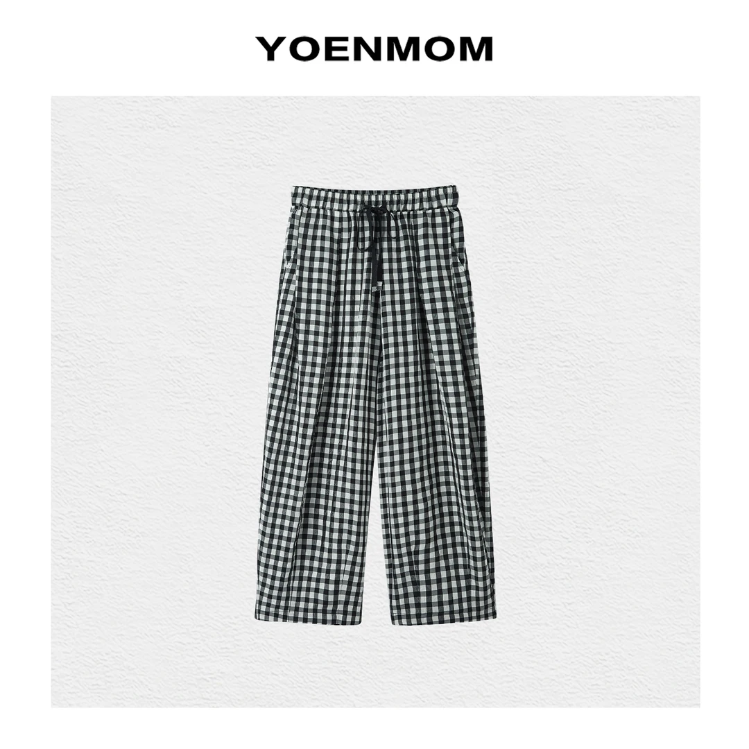 YOENMOM·格纹派对·夏季新品 醋酸人丝立裁收褶松弛感百搭萝卜裤