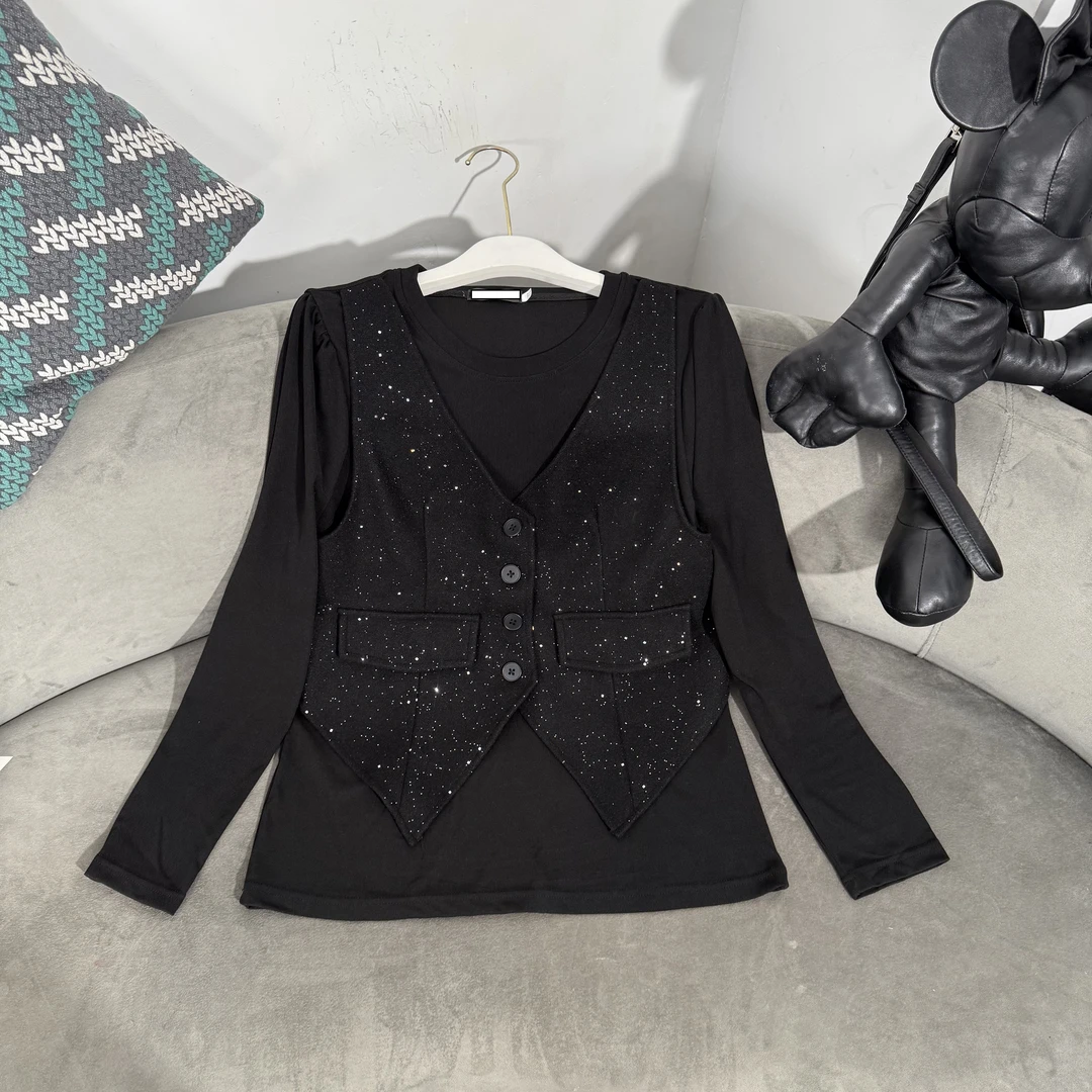 【晓琳】2024冬季新款时尚百搭拼接假两件亮片马甲长袖上衣