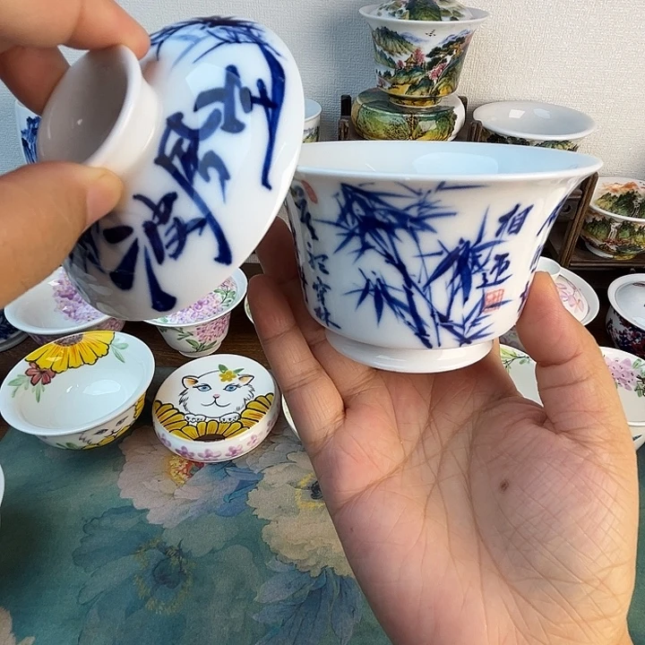 忠意堂釉下彩定风波盖碗