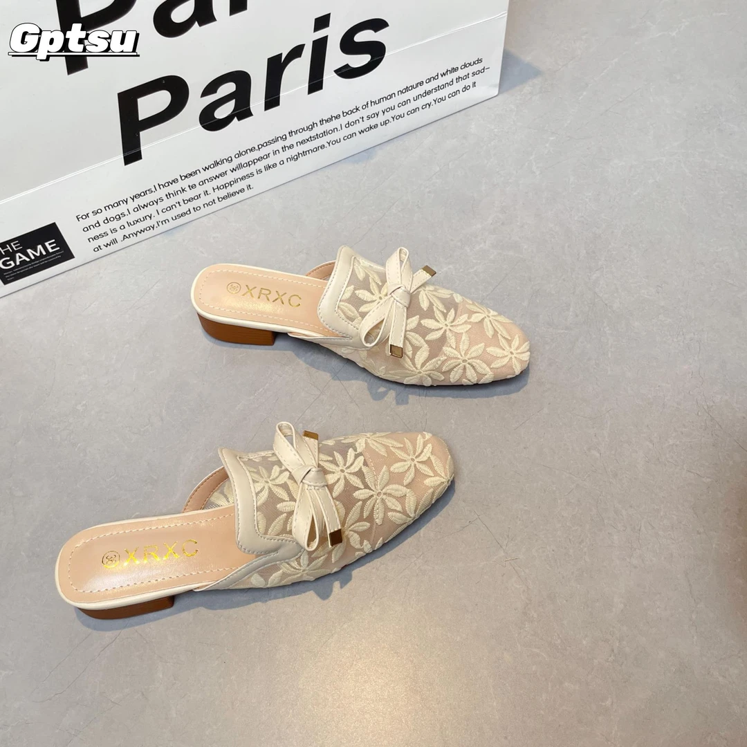 GPTSu春夏季新款仙女风蕾丝网纱包头半拖鞋外穿低跟单鞋女凉拖鞋