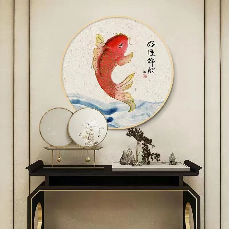 锦鲤好运装饰画寓意好壁画入户玄关墙新中式客厅餐厅圆形挂画