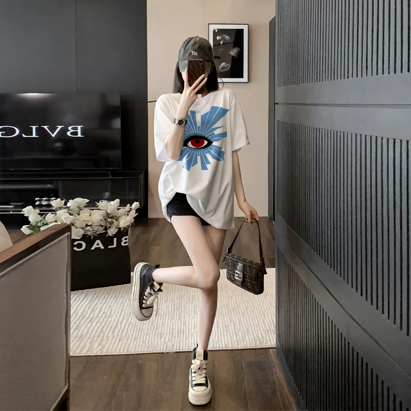 恶魔之眼白色t恤短袖女款爆款2025新款网红洋气炸街ins欧美上衣装