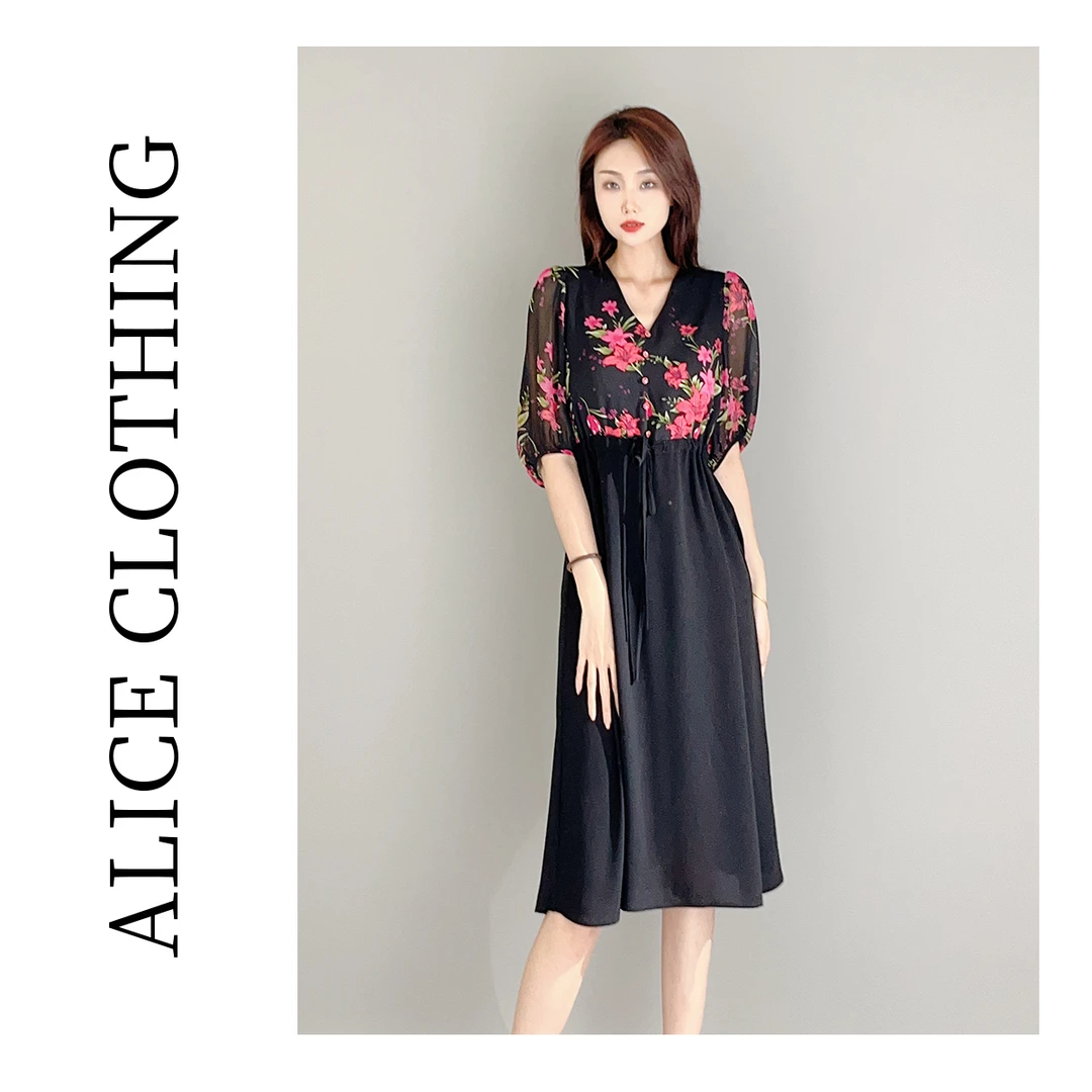 1[alicelulu]“夏至花园”连衣裙明媚印花抽绳显瘦H1033308D